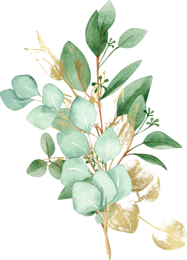 Watercolor eucalyptus green and gold leaves  arrangement